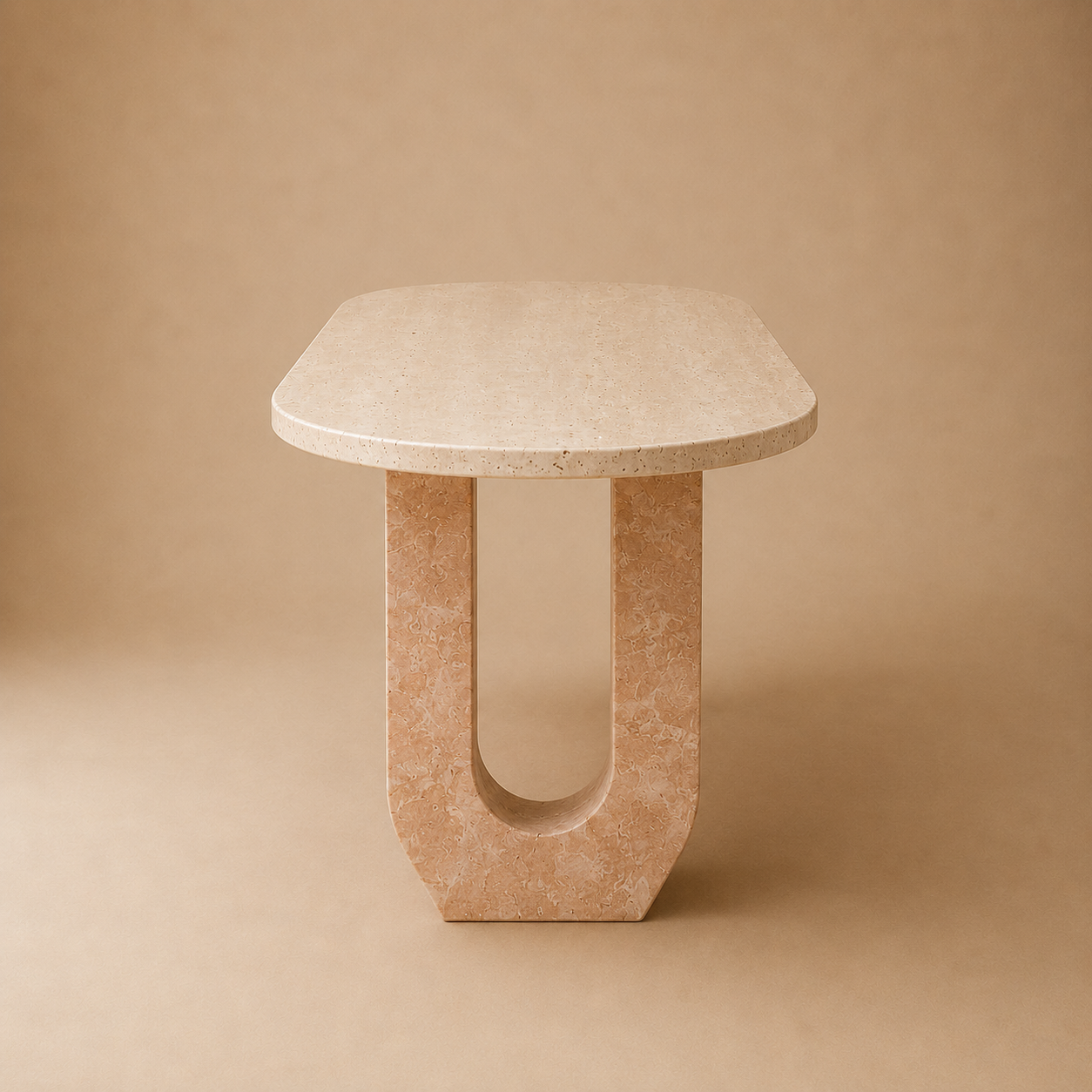 Holvi Oval — Bi-Tone Travertine Double Arch Dining Table