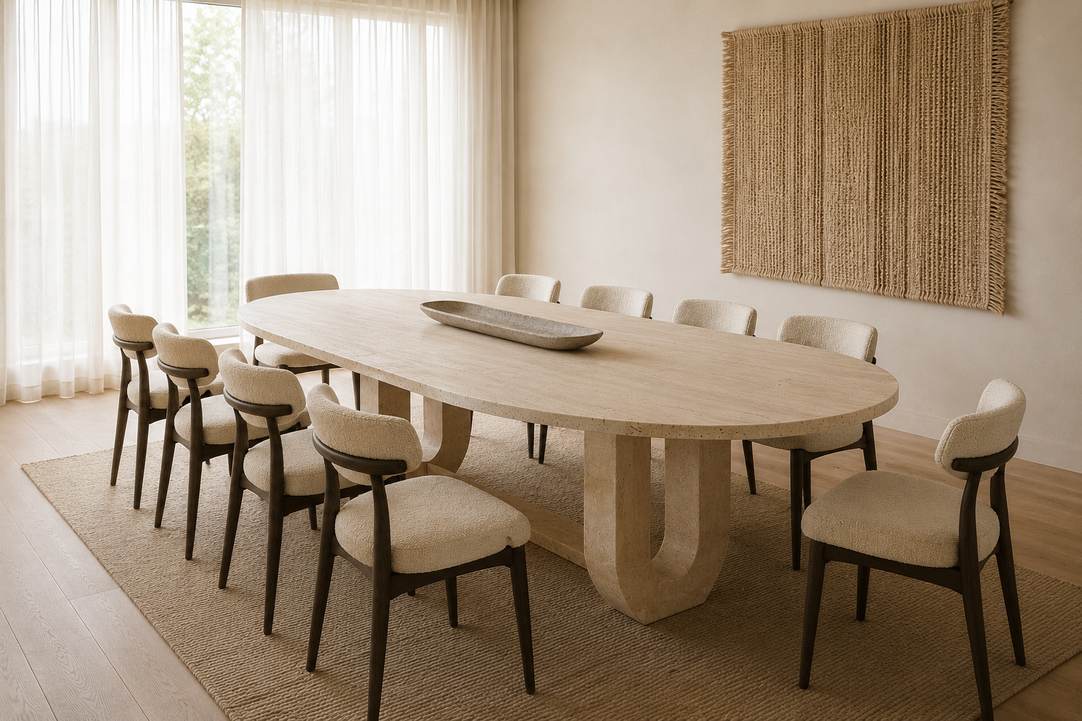 Holvi Oval — Bi-Tone Travertine Double Arch Dining Table