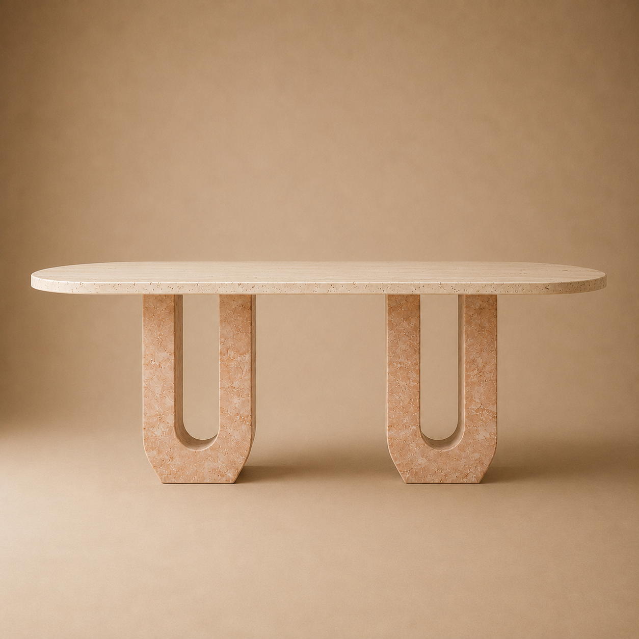 Holvi Oval — Bi-Tone Travertine Double Arch Dining Table
