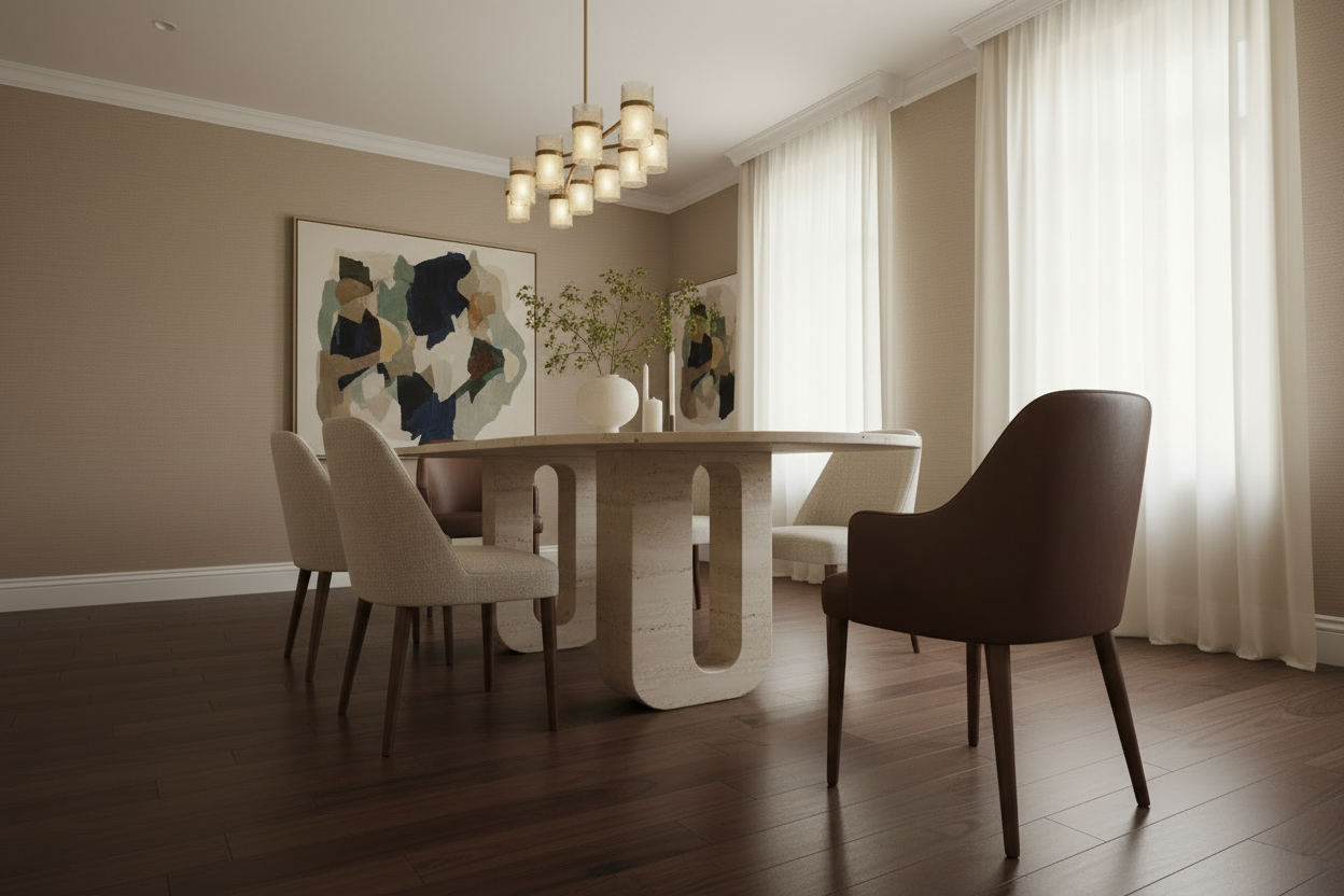 Holvi Oval — Bi-Tone Travertine Double Arch Dining Table