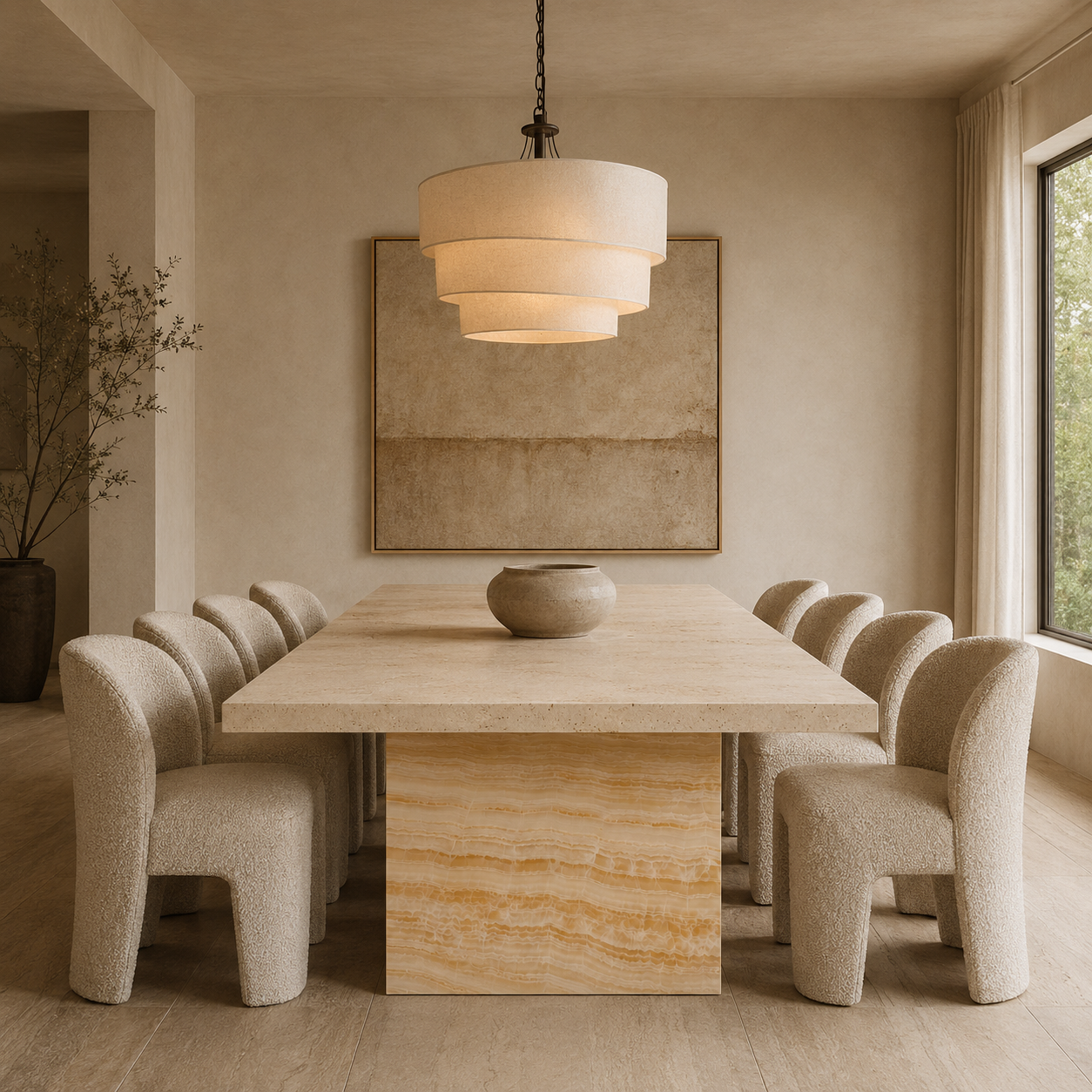 Kerros Rect — Travertine & Banded Onyx Rectangular Dining Table