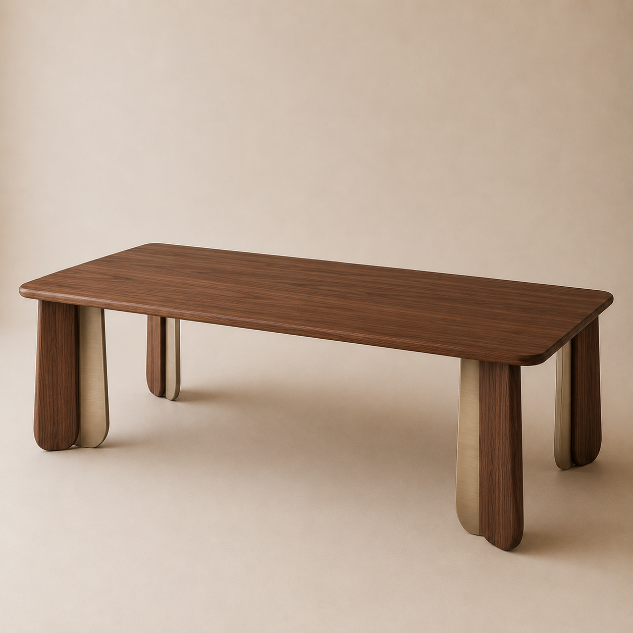 Kukka Rect — Solid Walnut & Bicolor Trefoil Leg Dining Table