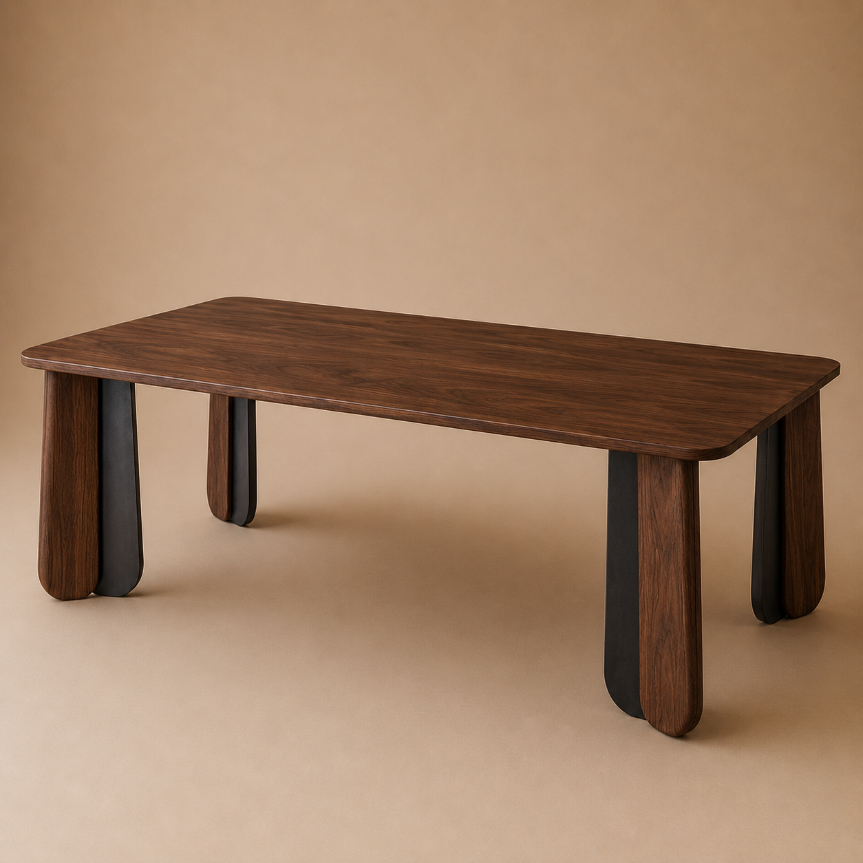 Kukka Rect — Solid Walnut & Bicolor Trefoil Leg Dining Table