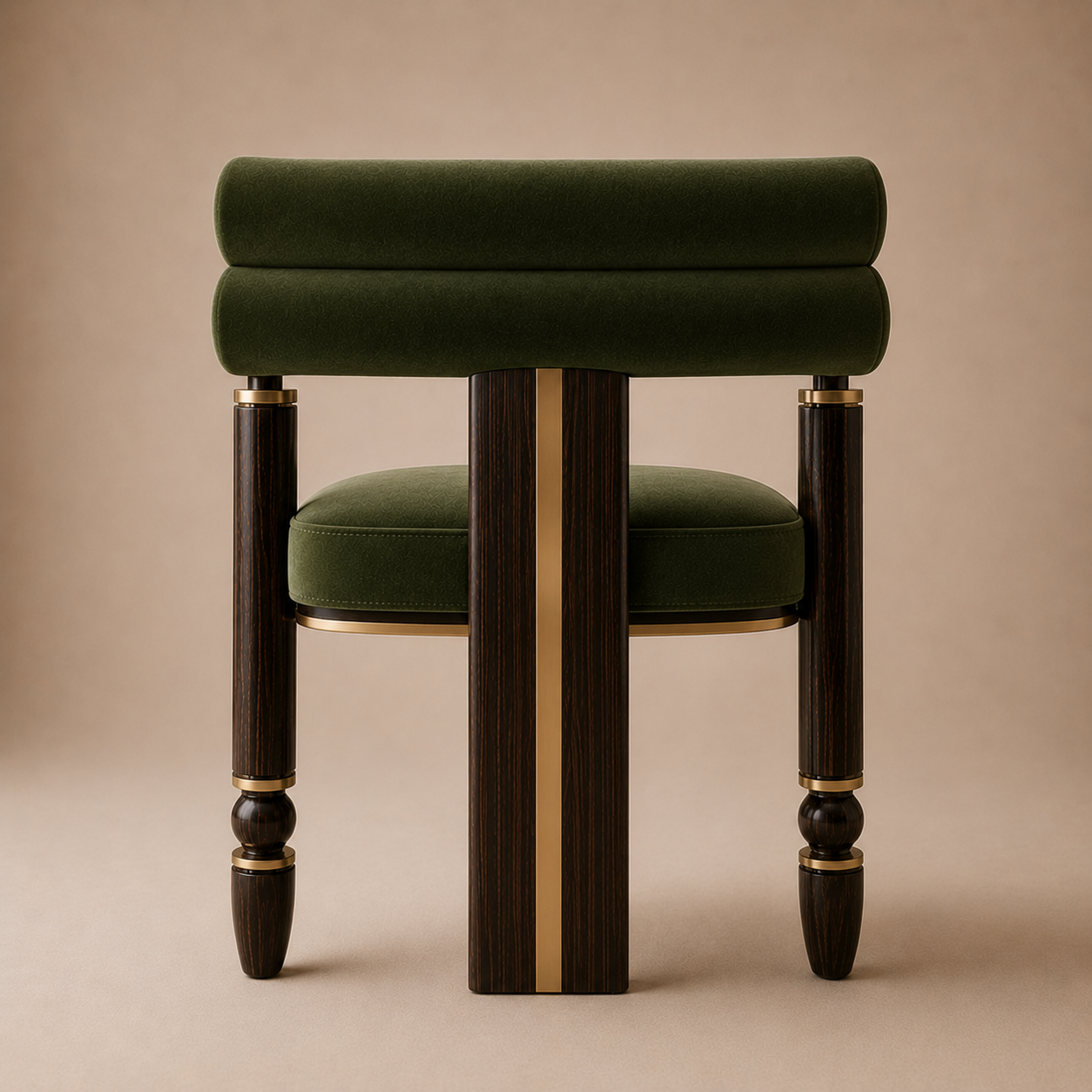 The Mahti Dining Armchair — Ebonized Wood Triple-Roll Back in Forest Green Velvet with Bronze Hardware