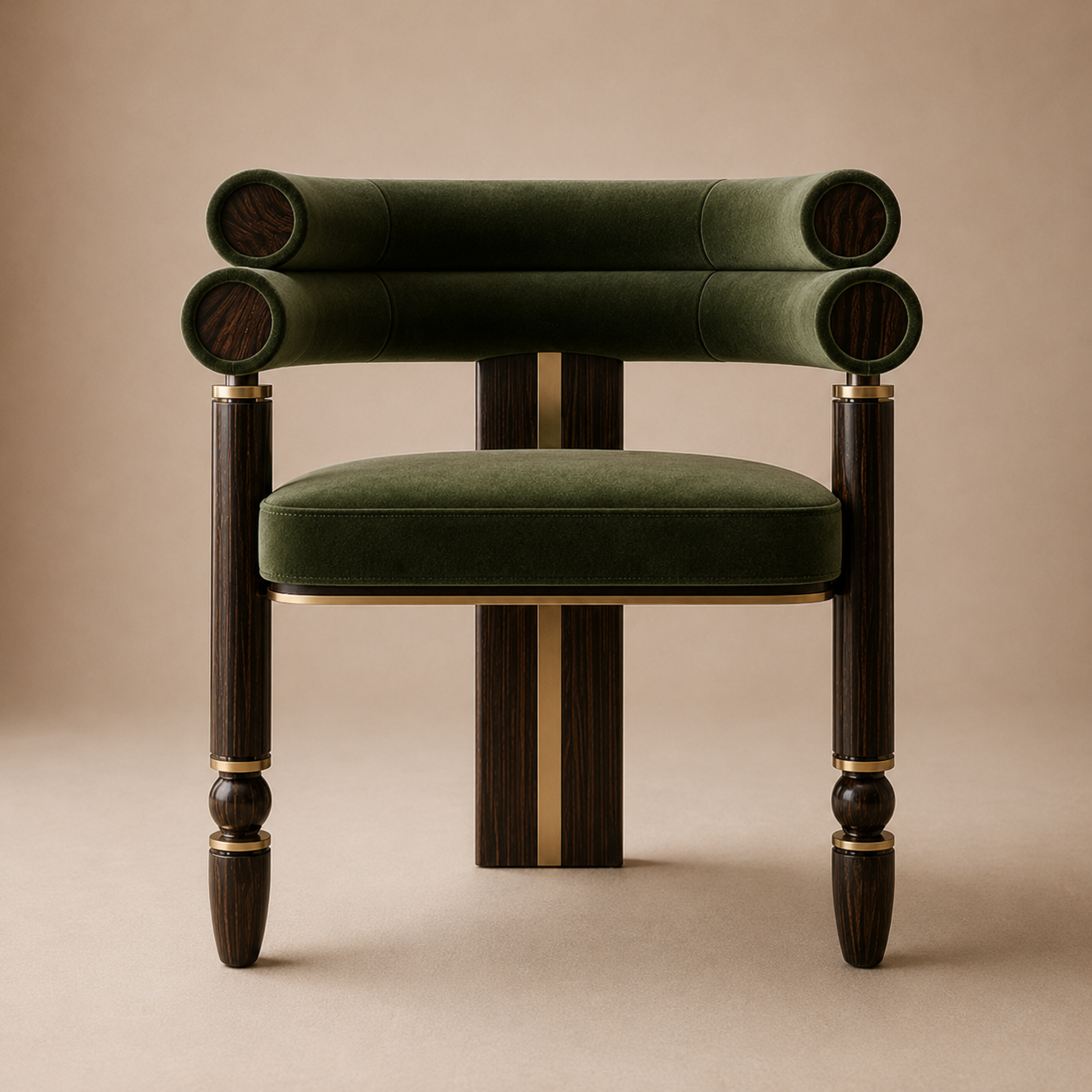 The Mahti Dining Armchair — Ebonized Wood Triple-Roll Back in Forest Green Velvet with Bronze Hardware