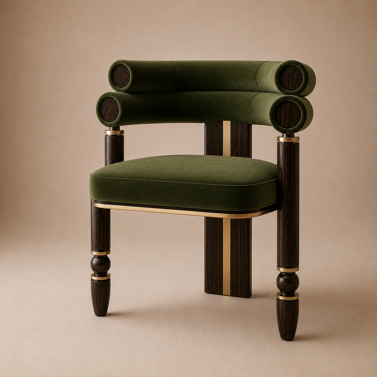 The Mahti Dining Armchair — Ebonized Wood Triple-Roll Back in Forest Green Velvet with Bronze Hardware