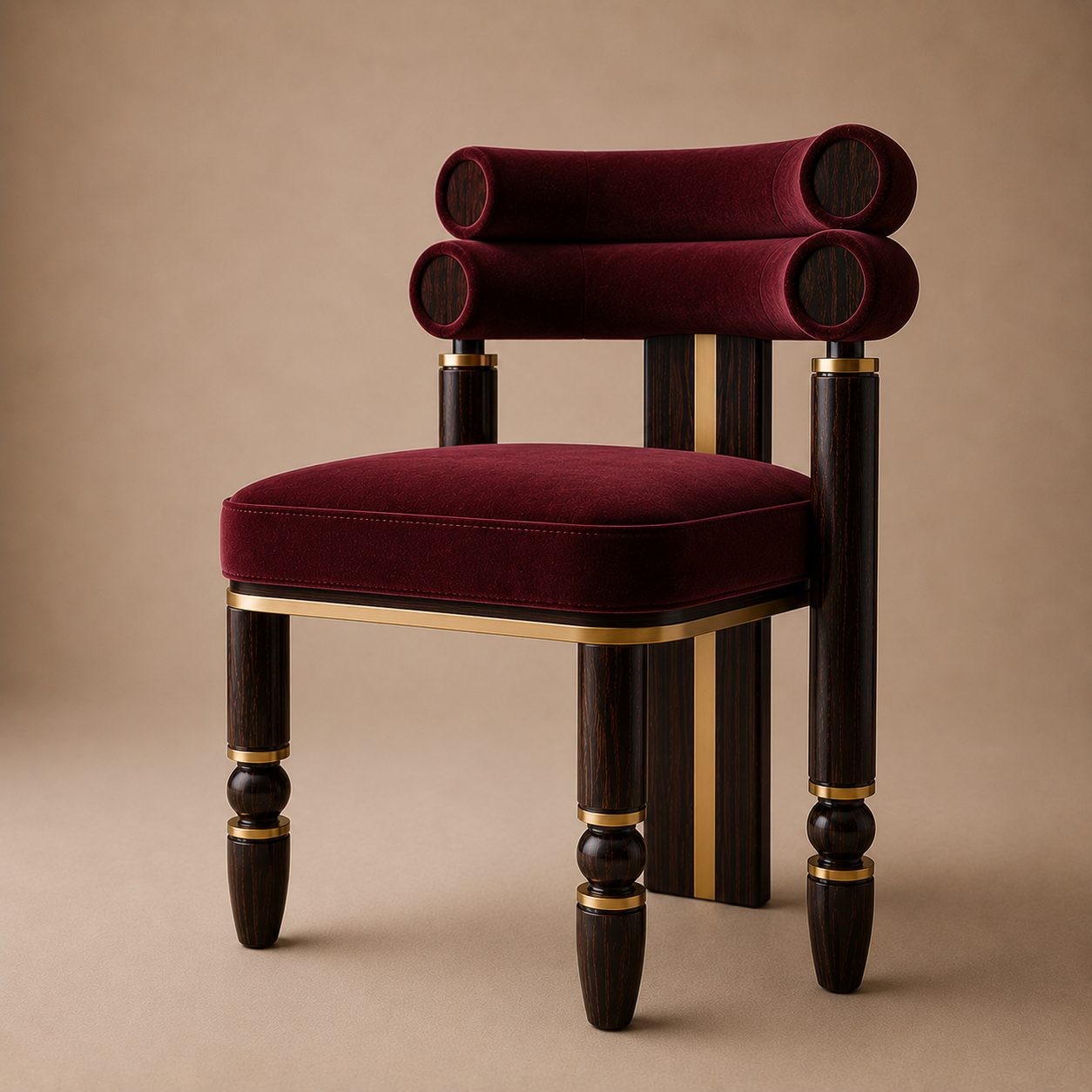 The Mahti Dining Armchair — Ebonized Wood Triple-Roll Back in Forest Green Velvet with Bronze Hardware