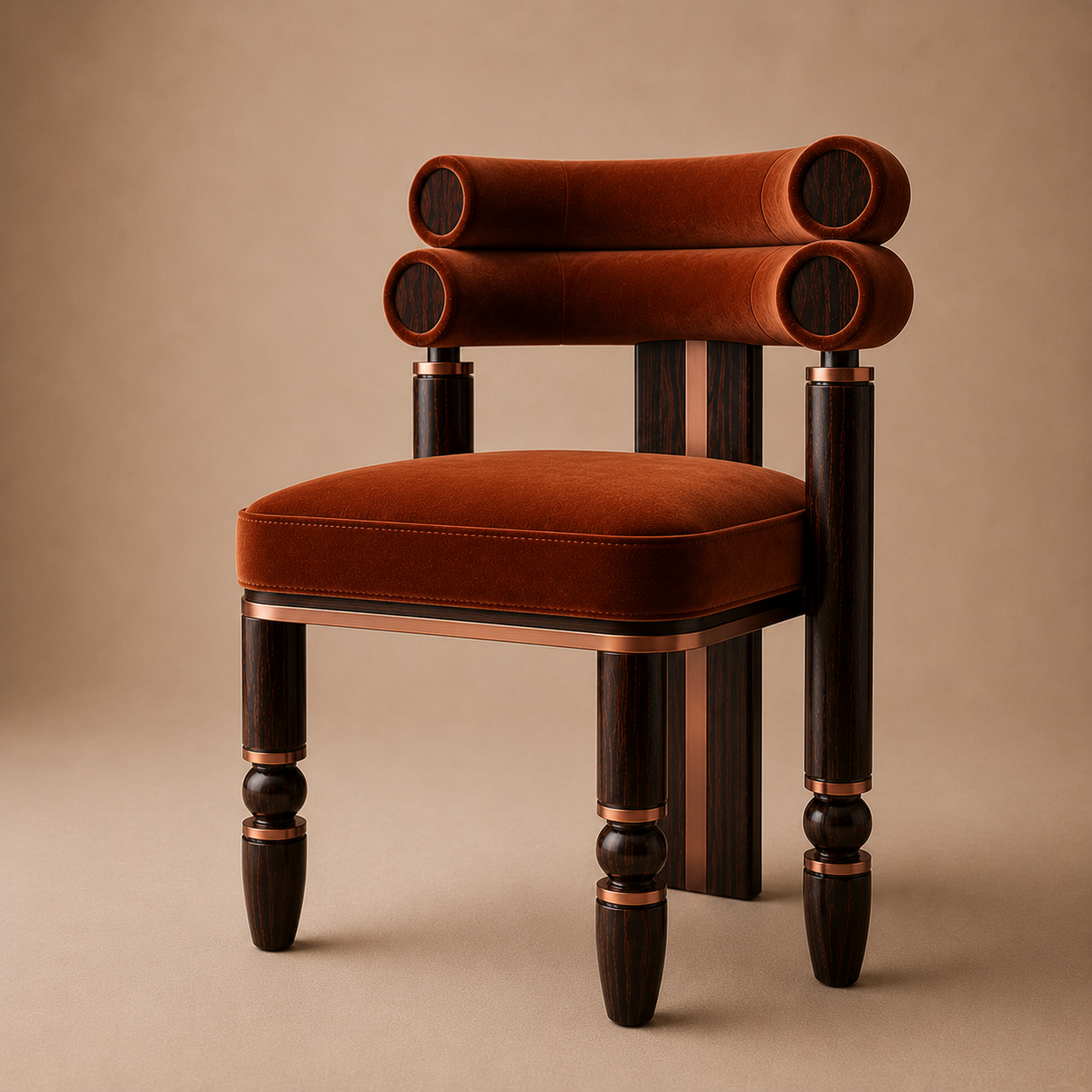 The Mahti Dining Armchair — Ebonized Wood Triple-Roll Back in Forest Green Velvet with Bronze Hardware