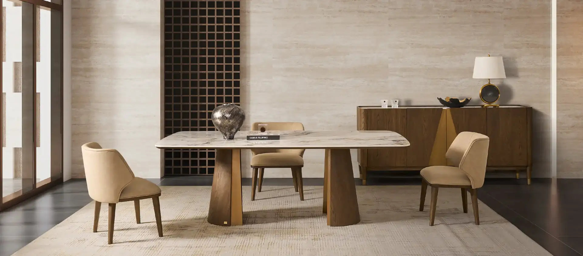 Modern marble-top dining table with sleek, tapered wooden legs.