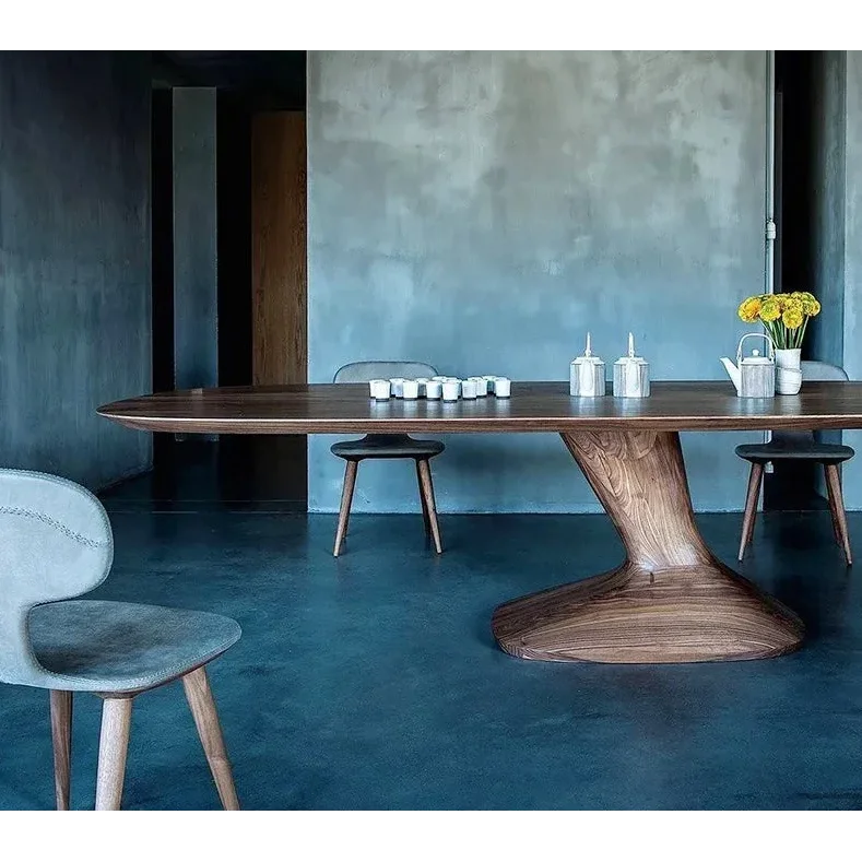Solid Wood Modern Dining Table with Sculptural Pedestal Base – Rectangular Walnut Finish 8-10 Seater