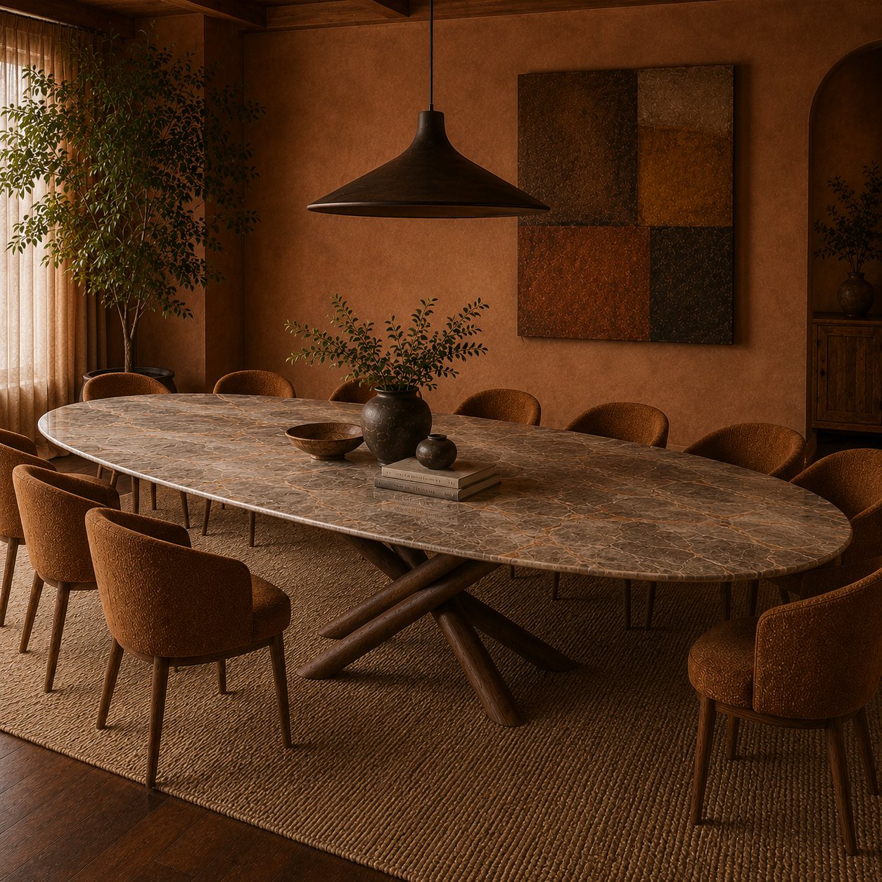 Oksa Oval — Sculptural Marble & Solid Walnut Dining Table