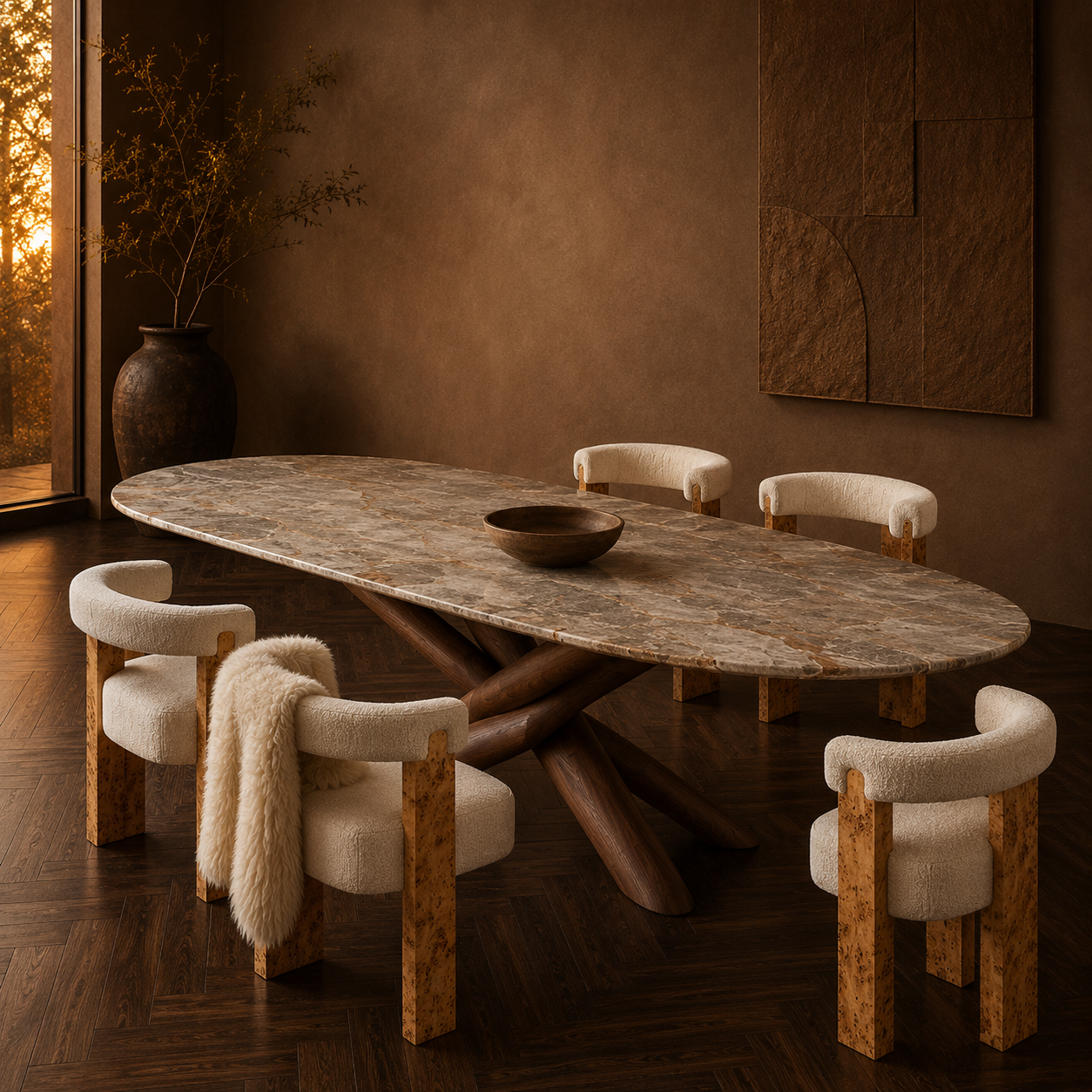 Oksa Oval — Sculptural Marble & Solid Walnut Dining Table