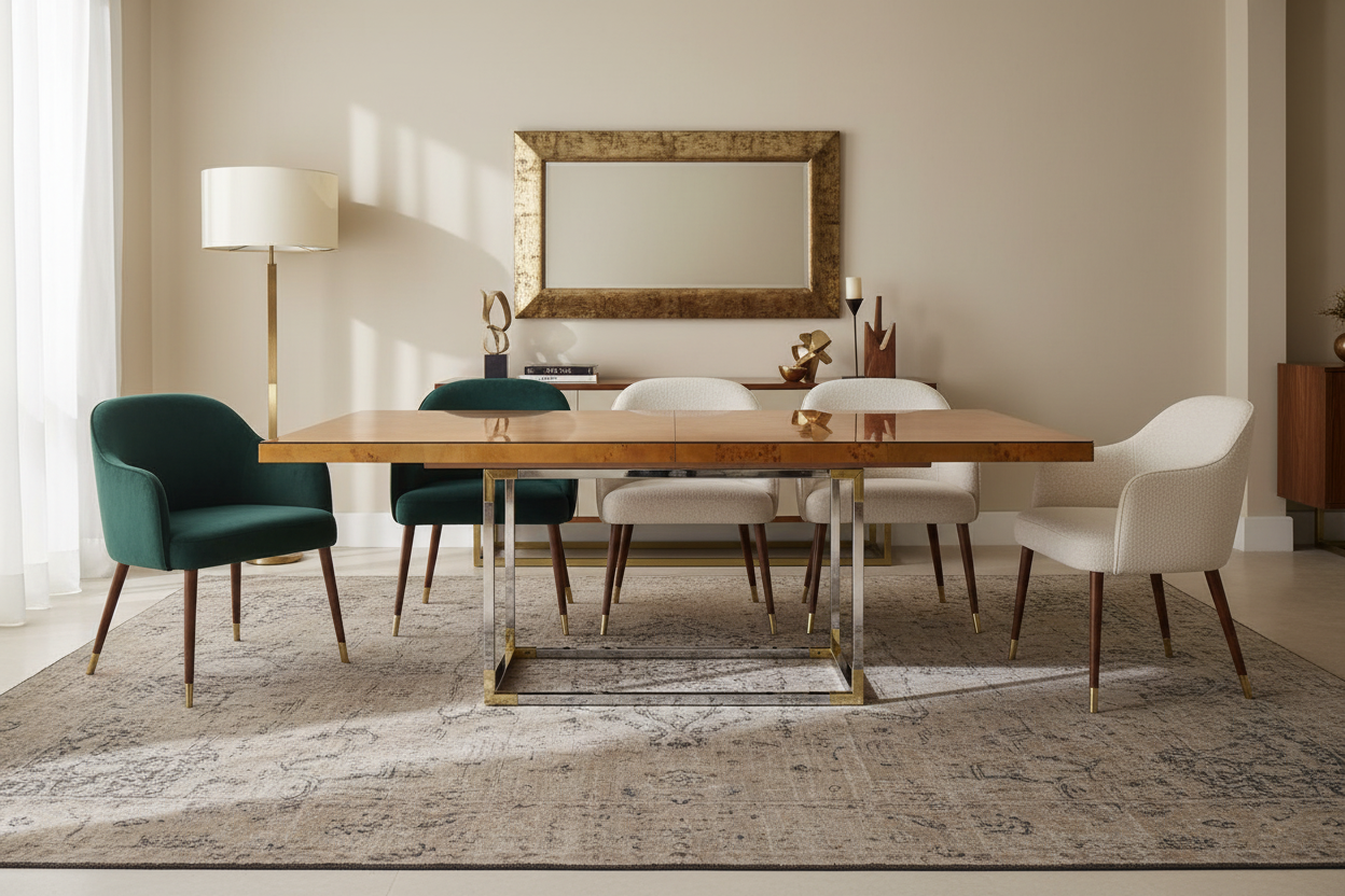 Kielo Rect — Burl Veneer & Chrome-Brass Extendable Dining Table