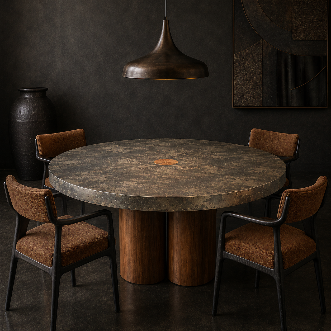 Palo Round — Patinated Metal & Solid Teak Dining Table