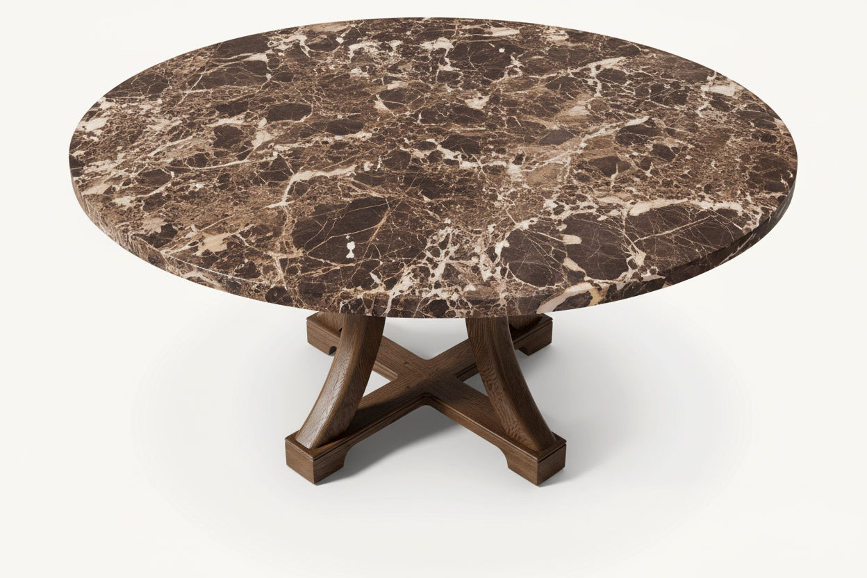 Risti Round — Emperador Dark Marble & Sculpted Oak Cross-Pedestal Dining Table DOUBLON AVEC  PYLVAS (garder PYLVAS)