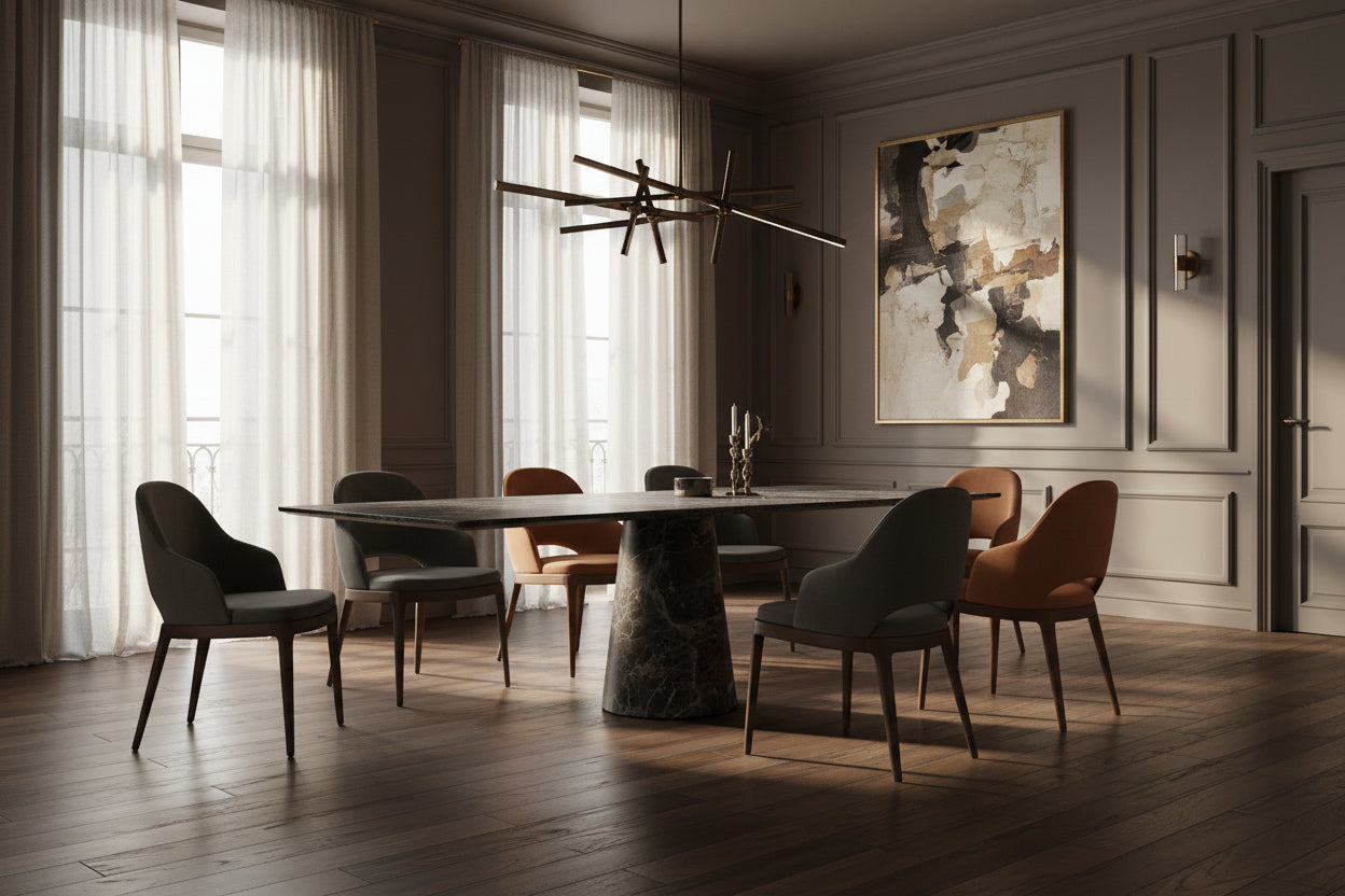 Kivi Rect — Emperador Dark All-Marble Cone Pedestal Rectangular Dining Table