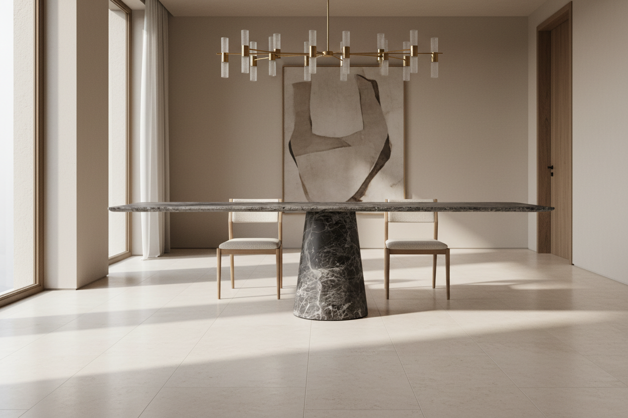 Kivi Rect — Emperador Dark All-Marble Cone Pedestal Rectangular Dining Table