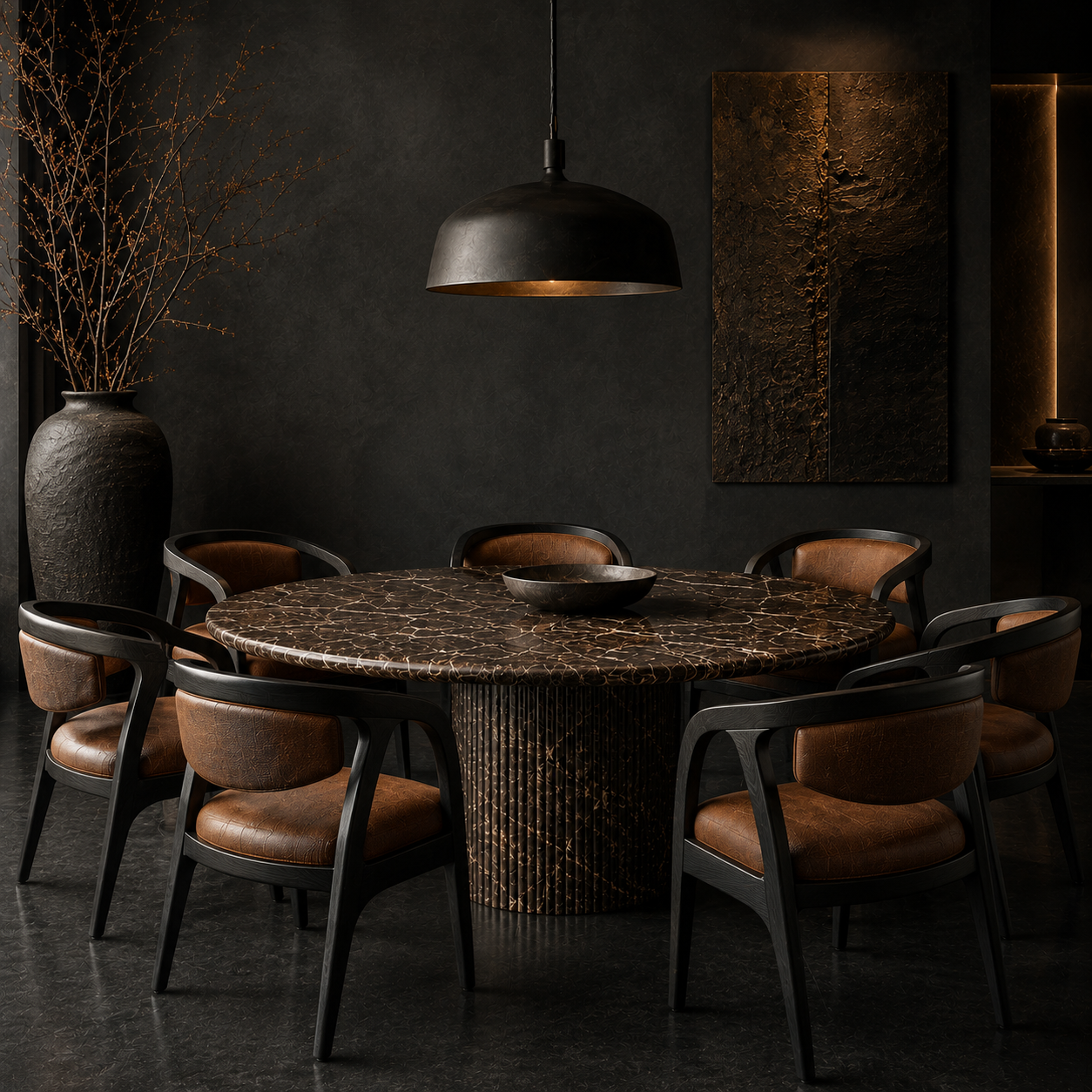 Pylväs Round — Emperador Dark All-Marble Fluted Column Dining Table