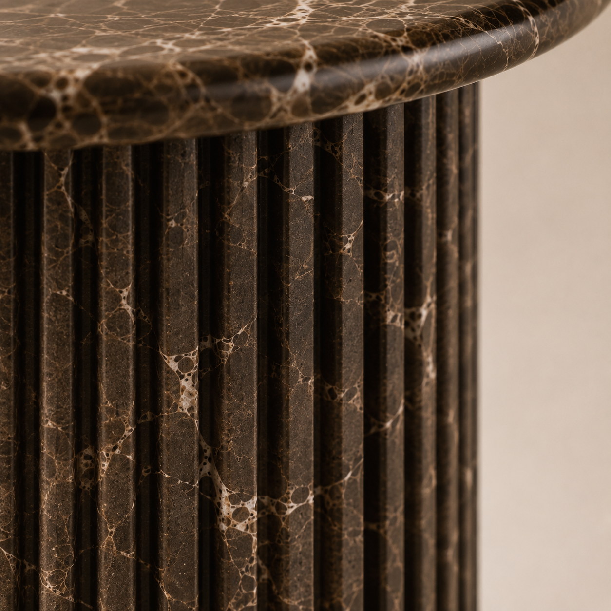 Pylväs Round — Emperador Dark All-Marble Fluted Column Dining Table
