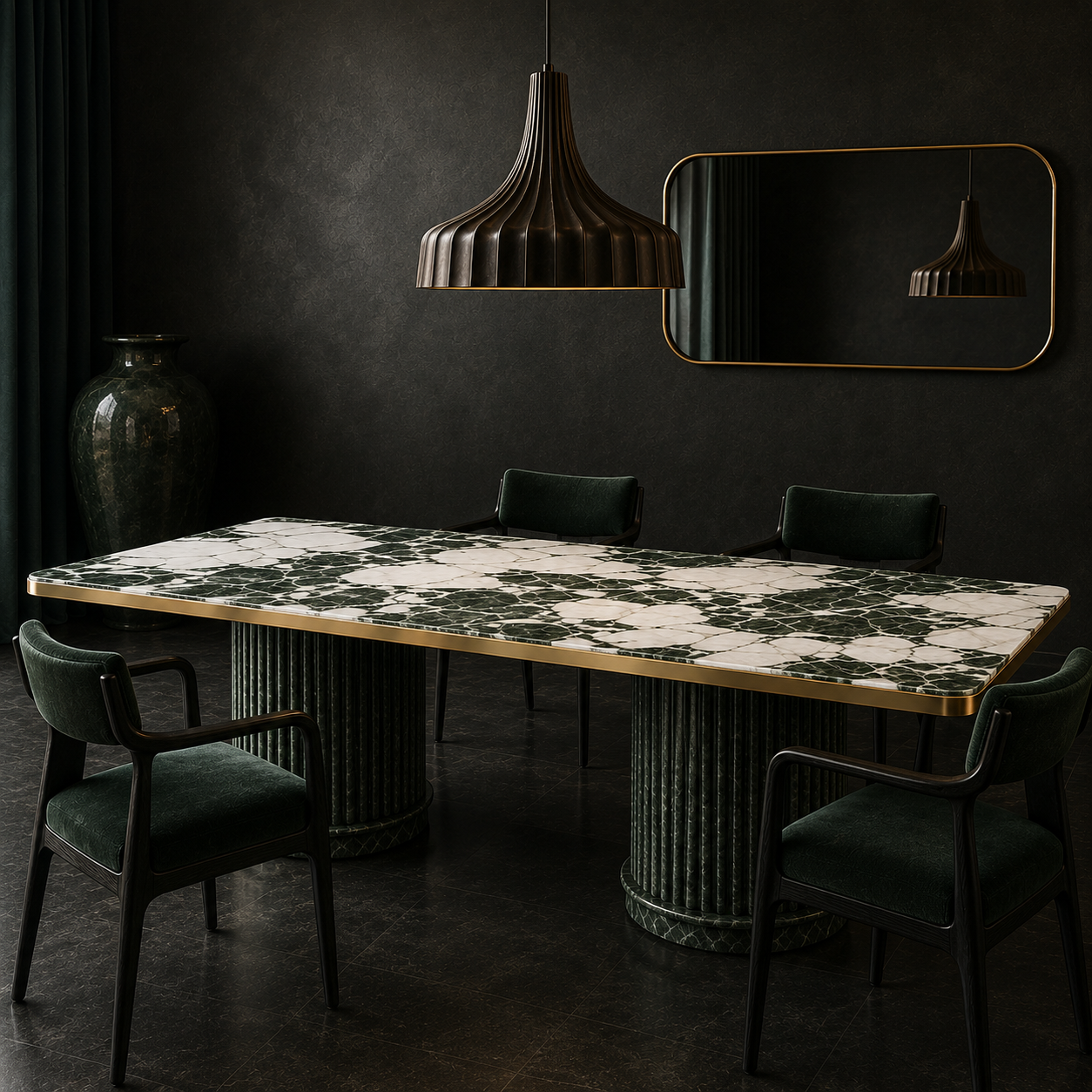 The Sammal Rectangular — Green & White Marble Top with Brass Edge on Fluted Stone Columns