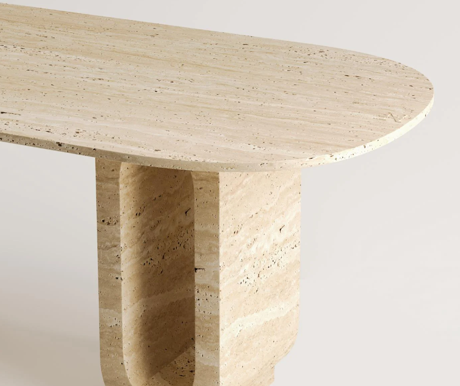 Holvi Oval — Bi-Tone Travertine Double Arch Dining Table
