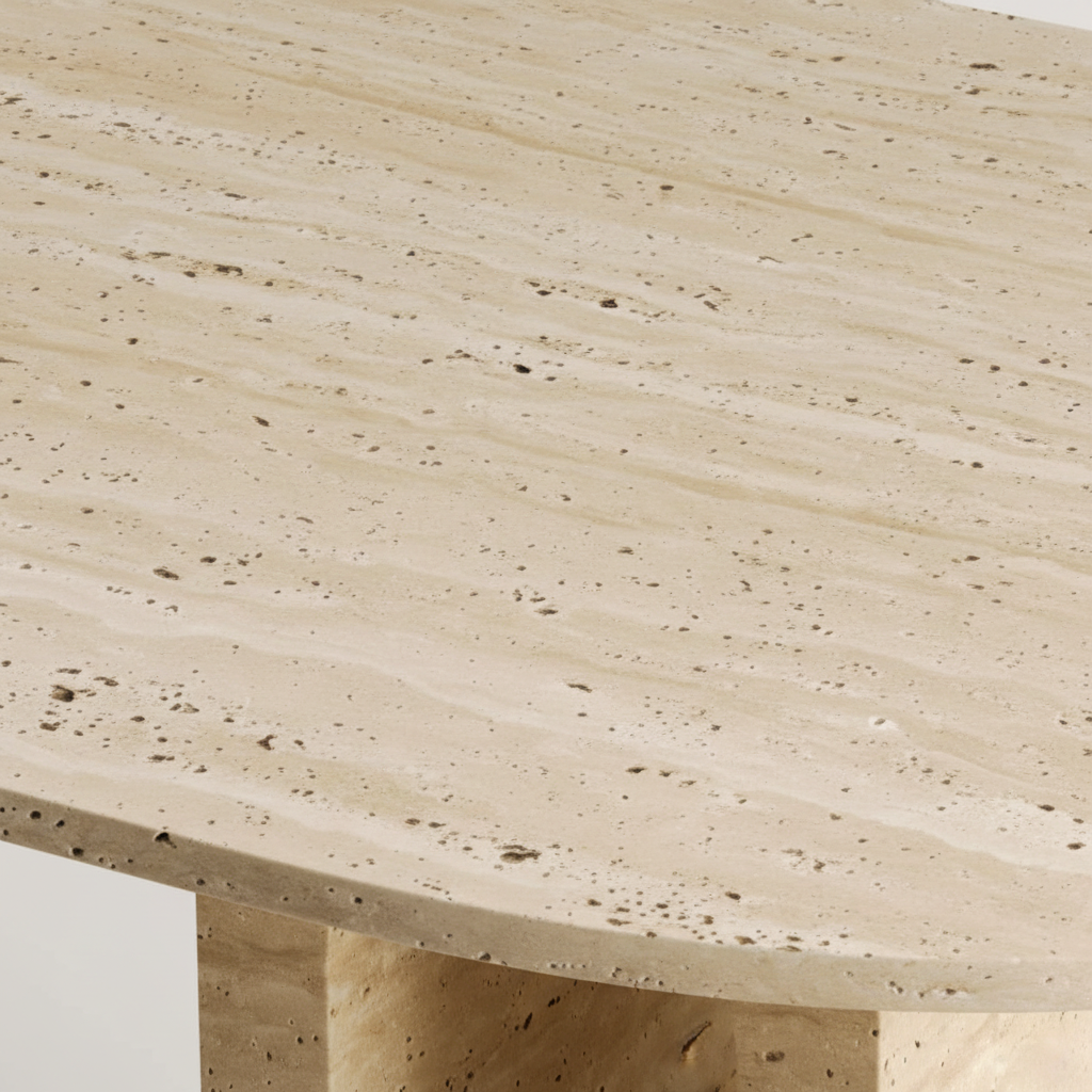 Holvi Oval — Bi-Tone Travertine Double Arch Dining Table