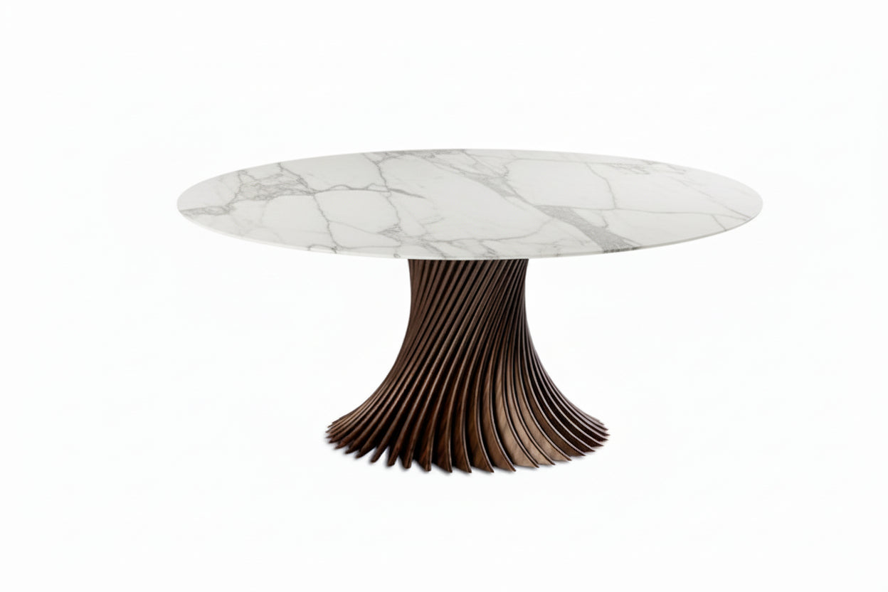 Siima Round — White Marble & Bronze Twisted Blade Pedestal Dining Table