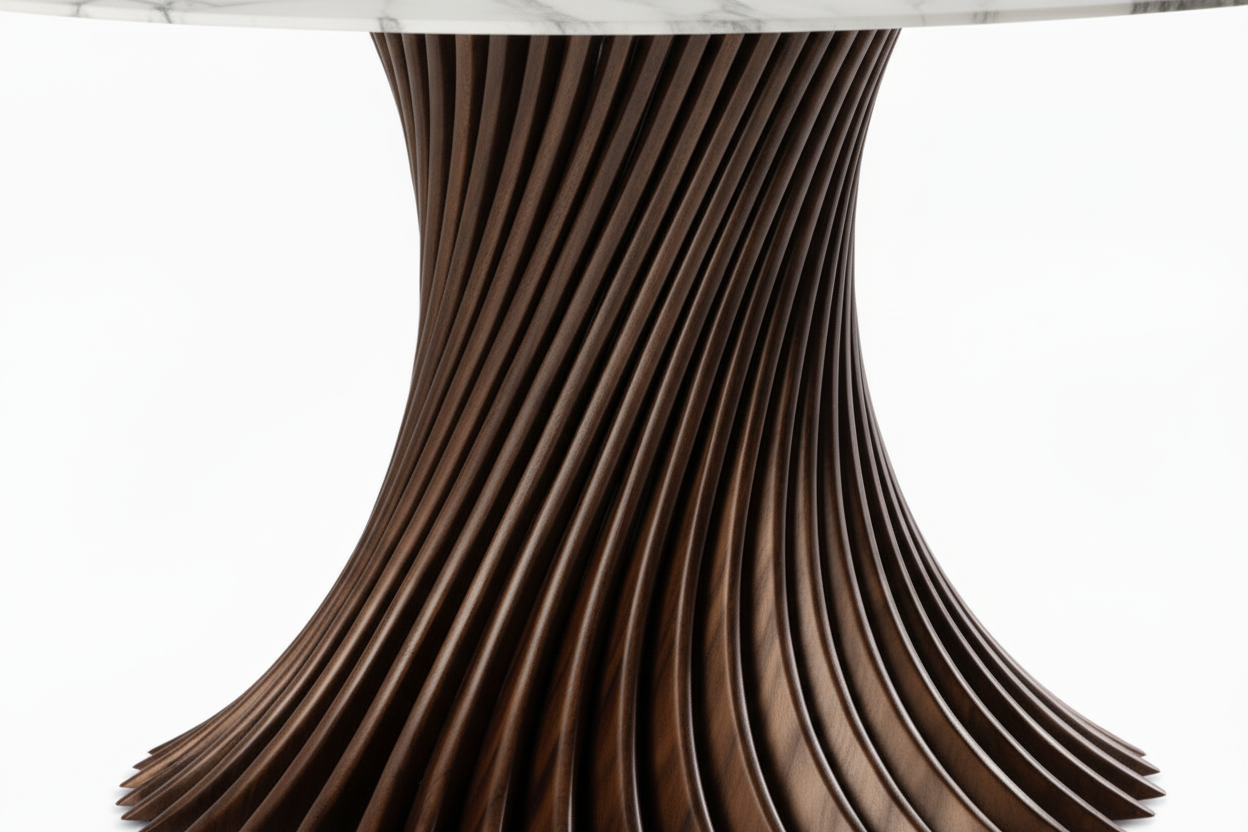 Siima Round — White Marble & Bronze Twisted Blade Pedestal Dining Table
