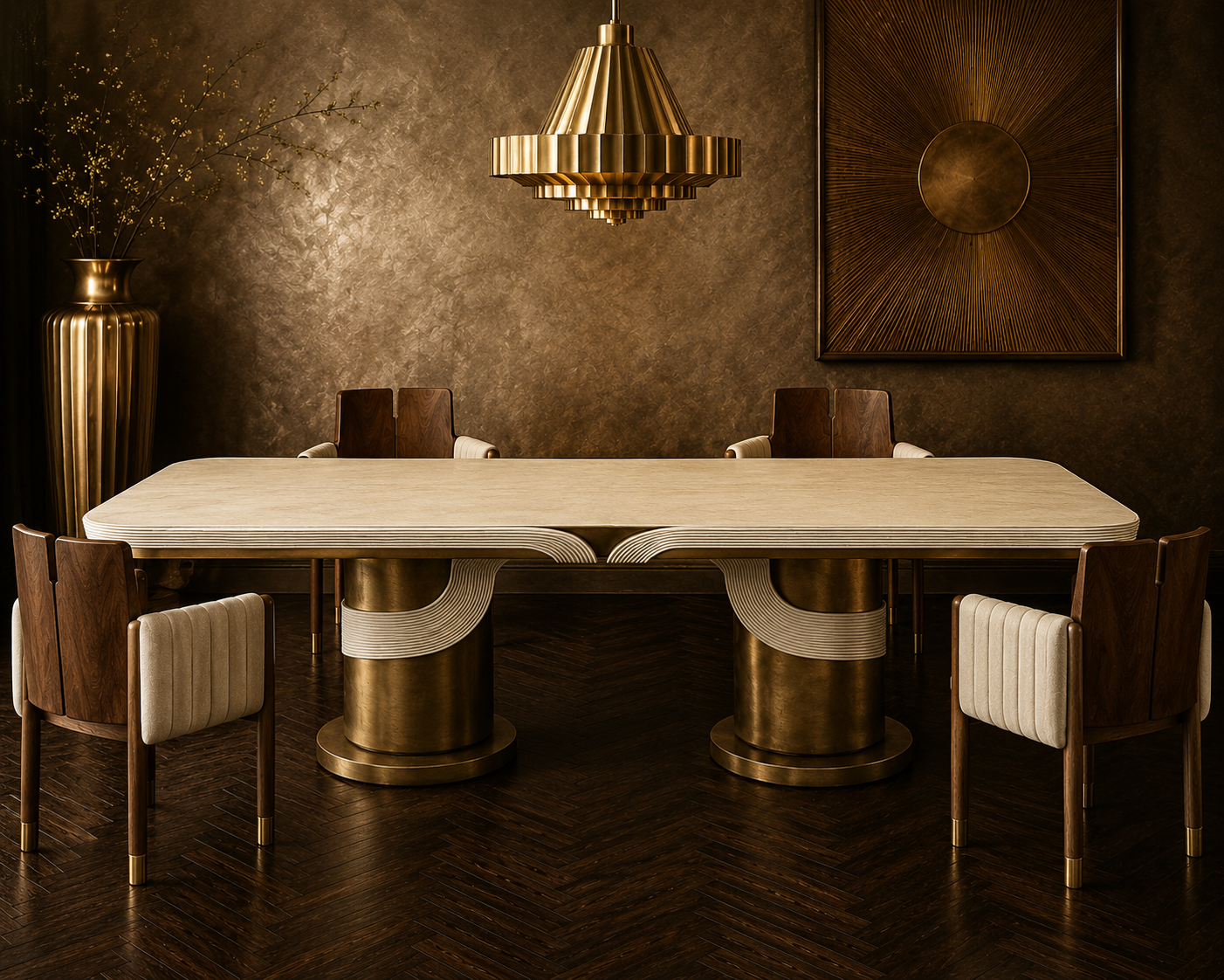 The Torio Rectangular Dining Table — Ribbed Cream Top with Double Aged Brass Cylinder Base