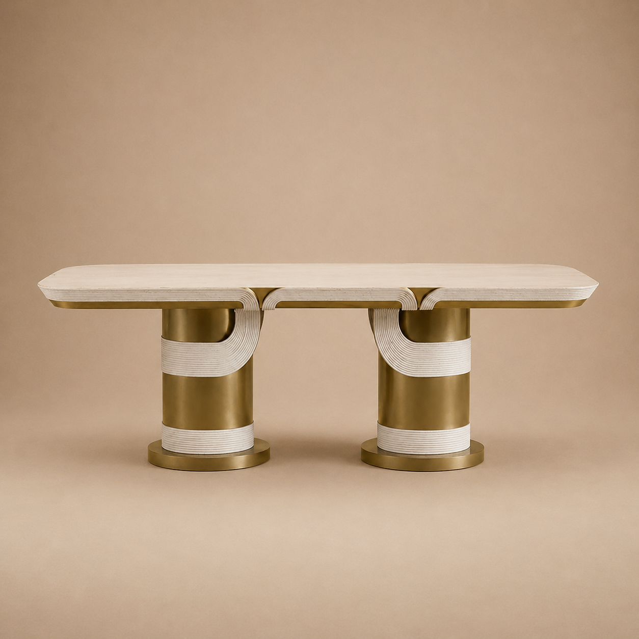The Torio Rectangular Dining Table — Ribbed Cream Top with Double Aged Brass Cylinder Base