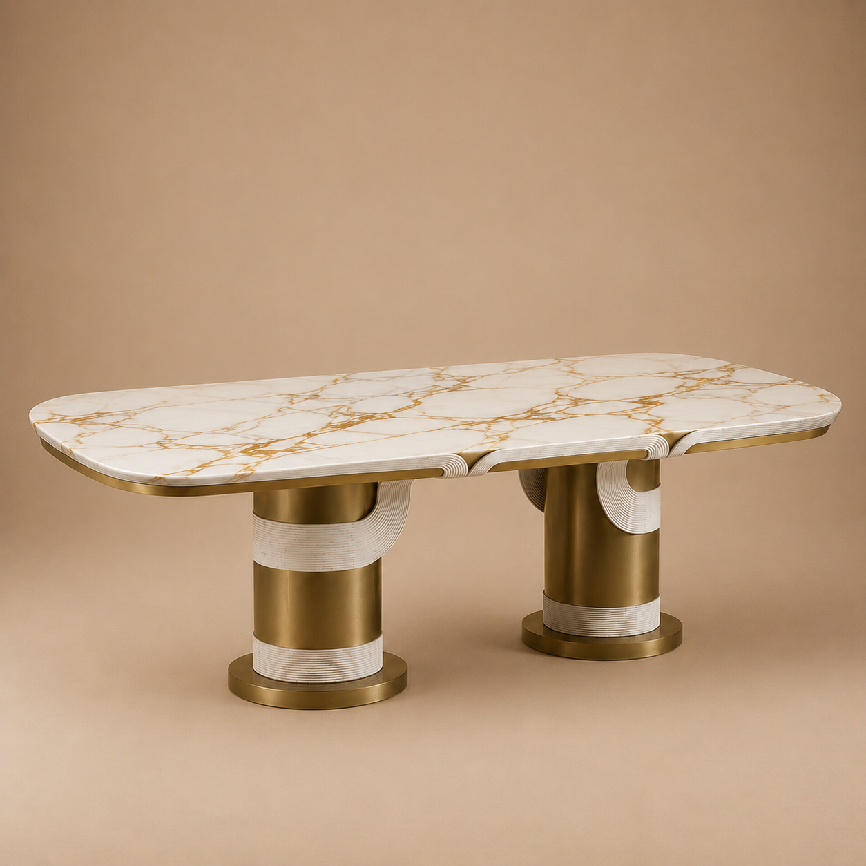The Torio Rectangular Dining Table — Ribbed Cream Top with Double Aged Brass Cylinder Base