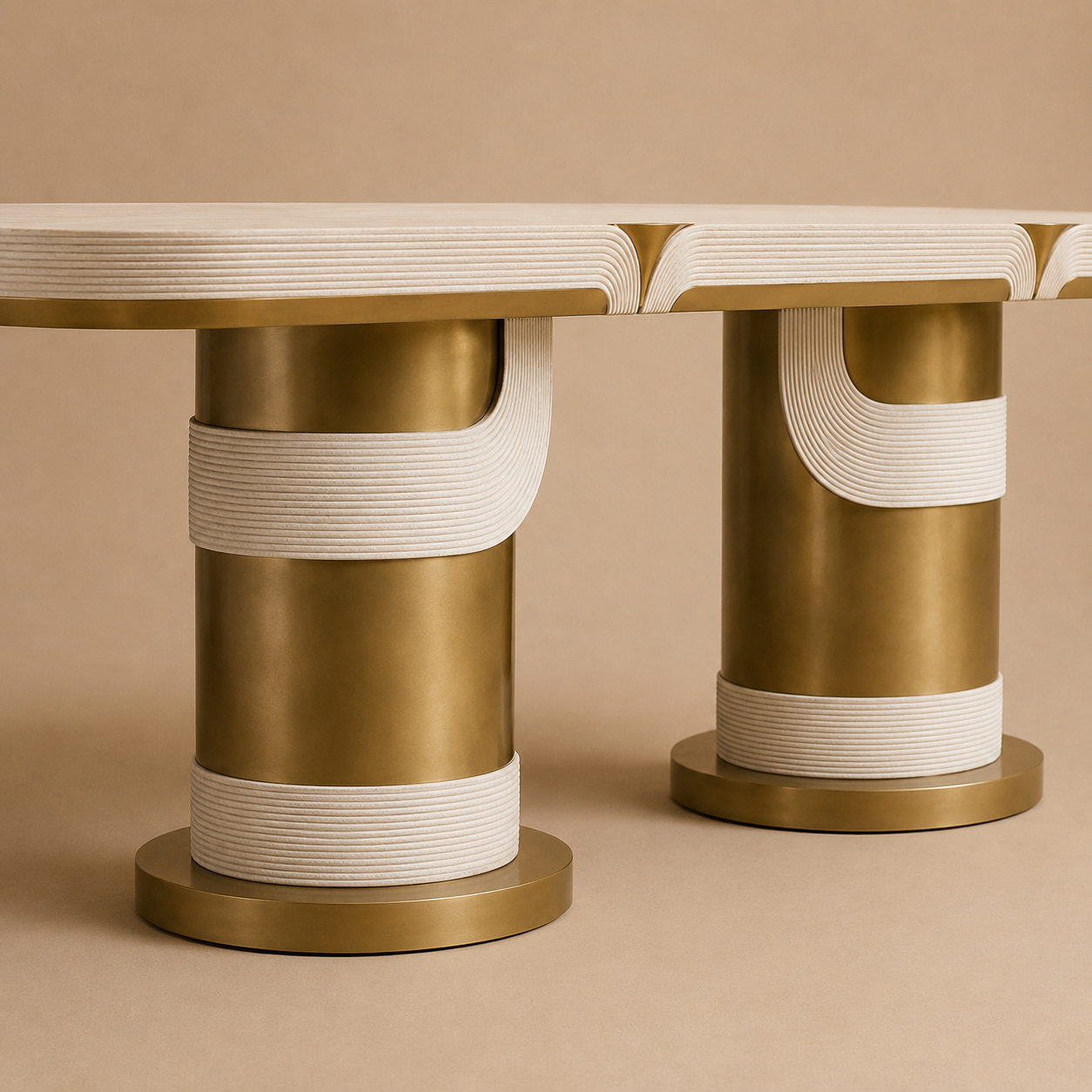 The Torio Rectangular Dining Table — Ribbed Cream Top with Double Aged Brass Cylinder Base