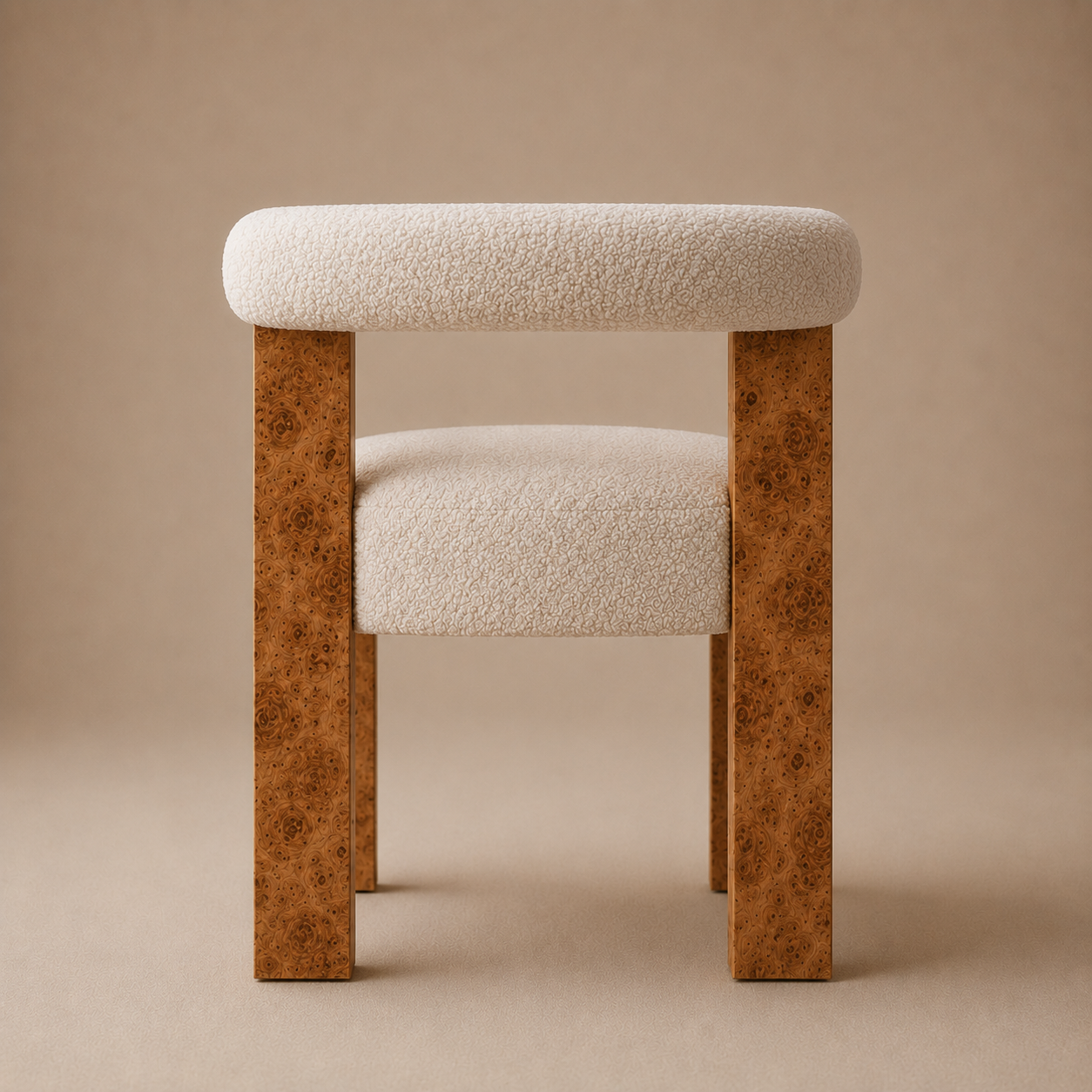 The Volte Dining Chair — Burl Wood Frame with Rolled Bouclé Back & Floating Upholstered Seat