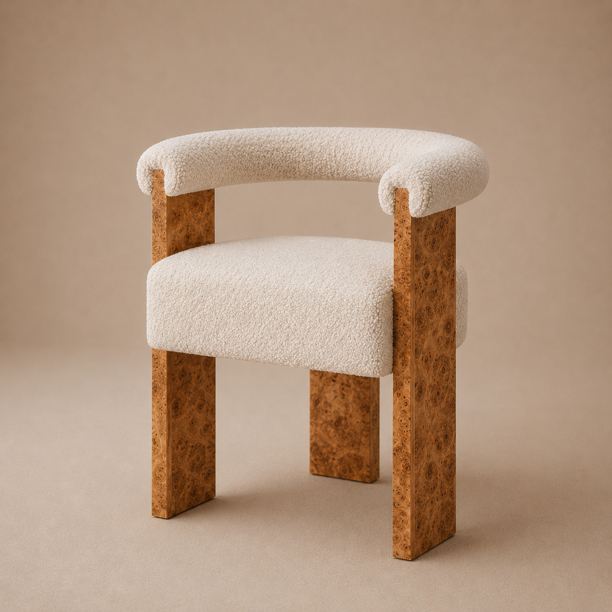 The Volte Dining Chair — Burl Wood Frame with Rolled Bouclé Back & Floating Upholstered Seat