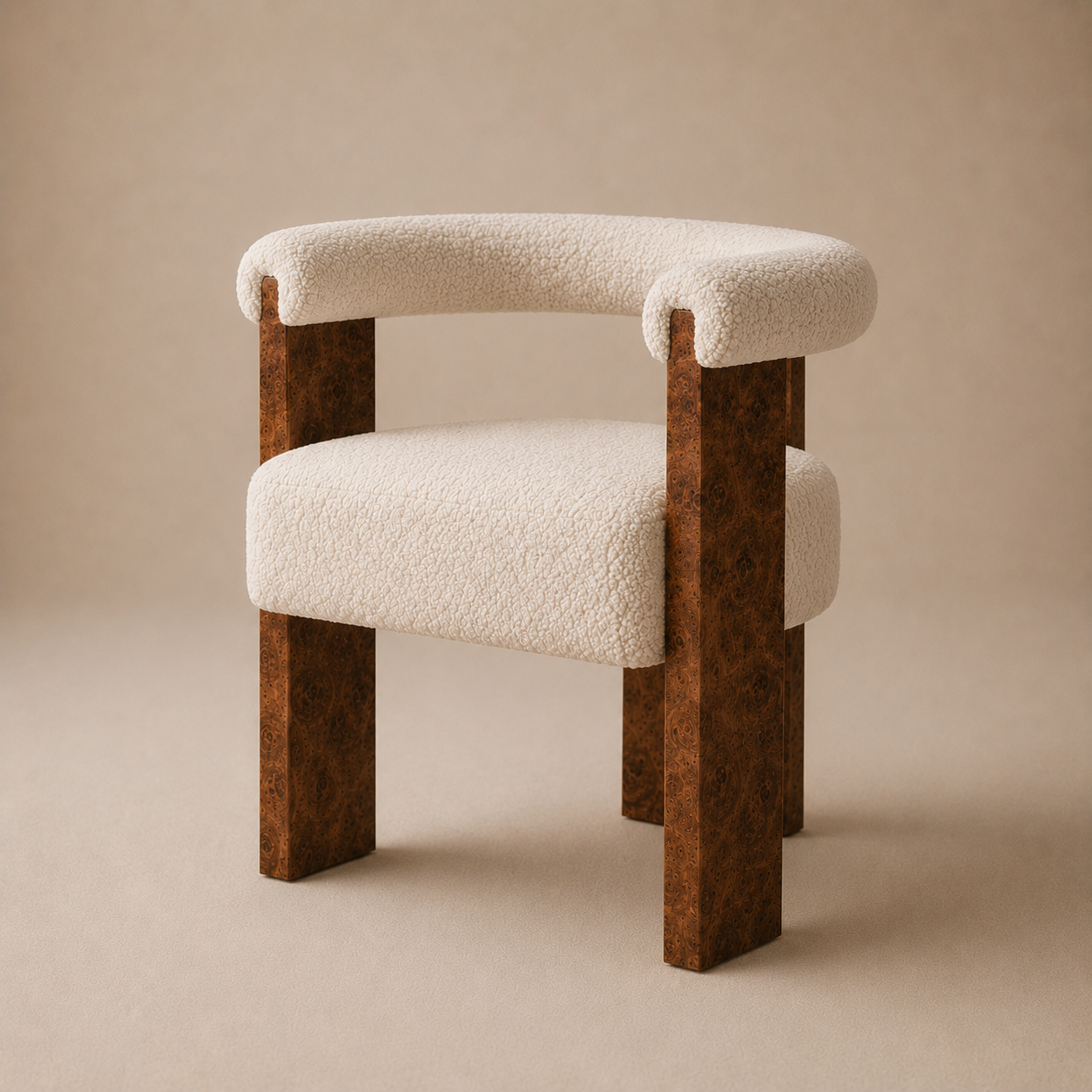 The Volte Dining Chair — Burl Wood Frame with Rolled Bouclé Back & Floating Upholstered Seat