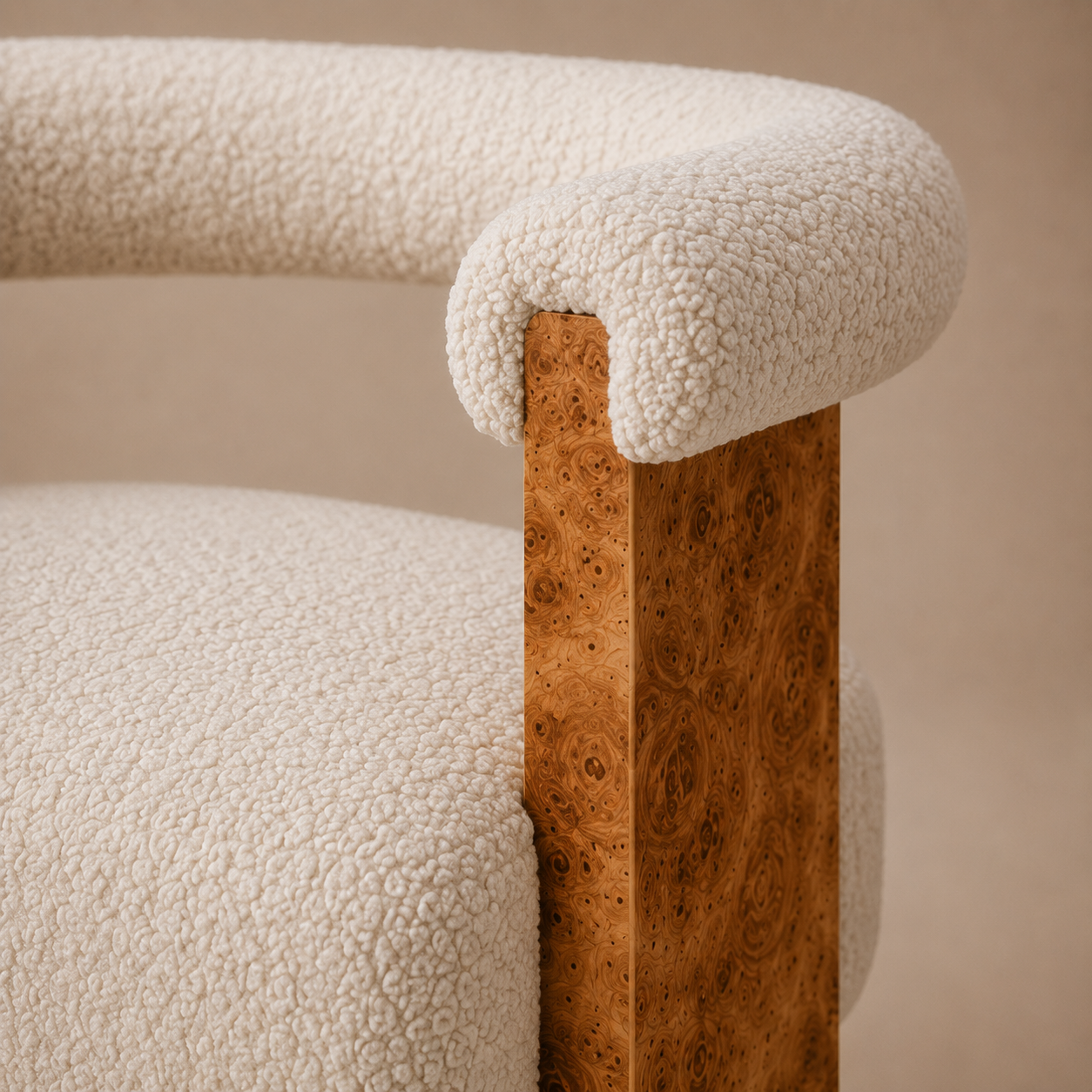 The Volte Dining Chair — Burl Wood Frame with Rolled Bouclé Back & Floating Upholstered Seat